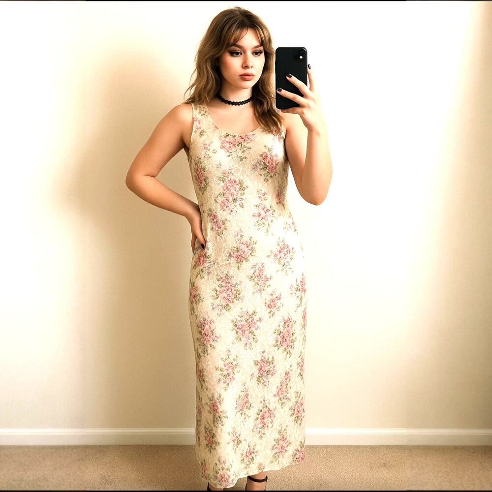 Vintage 90's J.B.S Ltd Maxi Dress Sleeveless Floral Lace Sheer Overlay V Back